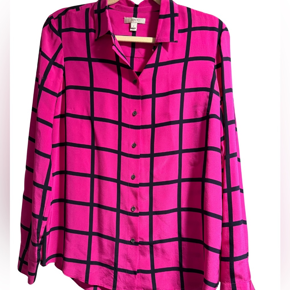 J. Crew Silk Pink Black Windowpane Pattern Button Front Shirt 6 Career Luxury
